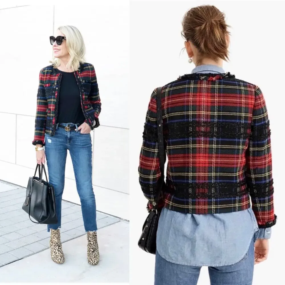 J. Crew Stewart Plaid Tartan Lady Jacket Red Blazer Preppy Work Classic Size  2